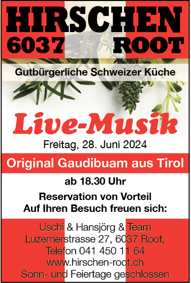 Live Musik mit dem Alpenflitzer Hans, Restaurant Hirschen, ab 18 Uhr, Reservation von Vorteil: 041 450 11 64