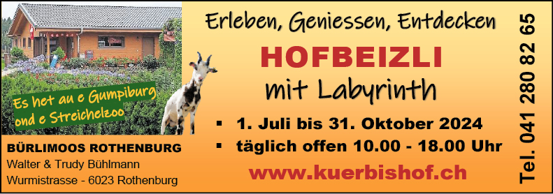 Hofbeizli mit Labyrinth, 10.00 bis 18.00 Uhr, Gumpiburg und Streichelzoo, www.kuerbishof.ch