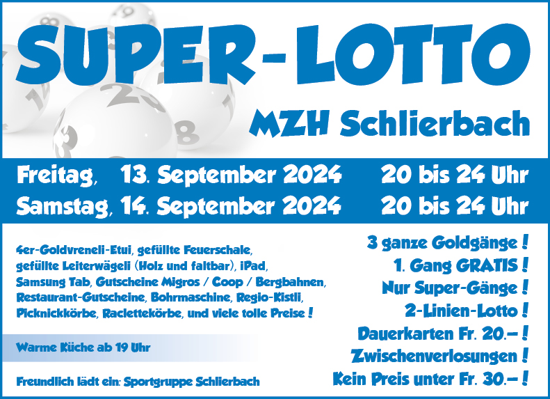 Super-Lotto Sportgruppe Schlierbach, MZH, 20.00 bis 24.00 Uhr, warme Küche ab 19.00 Uhr