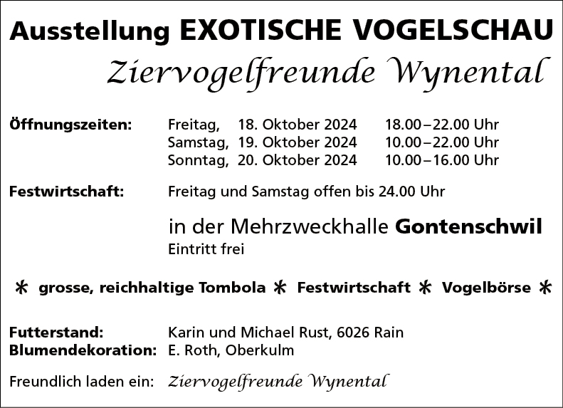 Ausstellung Exotische Vogelschau, Ziervogelfreunde Wynental, Mehrzweckhalle, 18.00 bis 22.00 Uhr, Eintritt frei