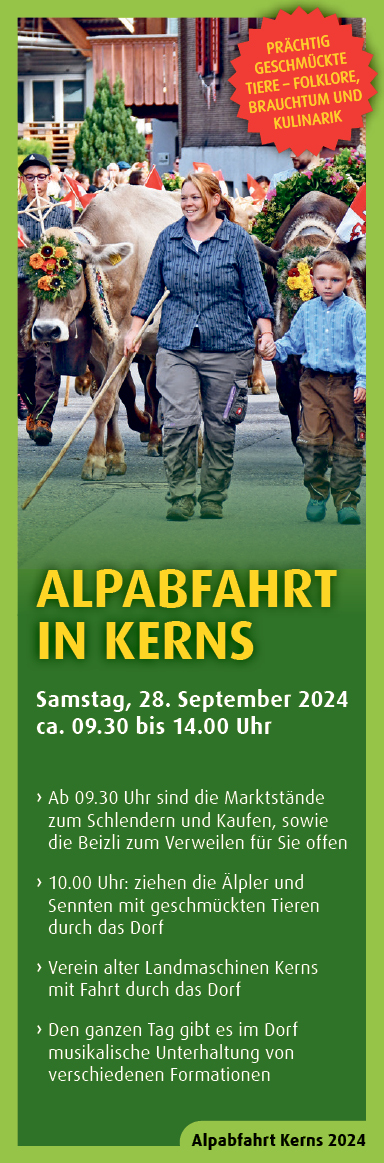 Alpabfahrt, ca. 9.30 Uhr bis 14 Uhr, 10 Uhr durchs Dorf, Marktstände und Beizli, musikalische Unterhaltung