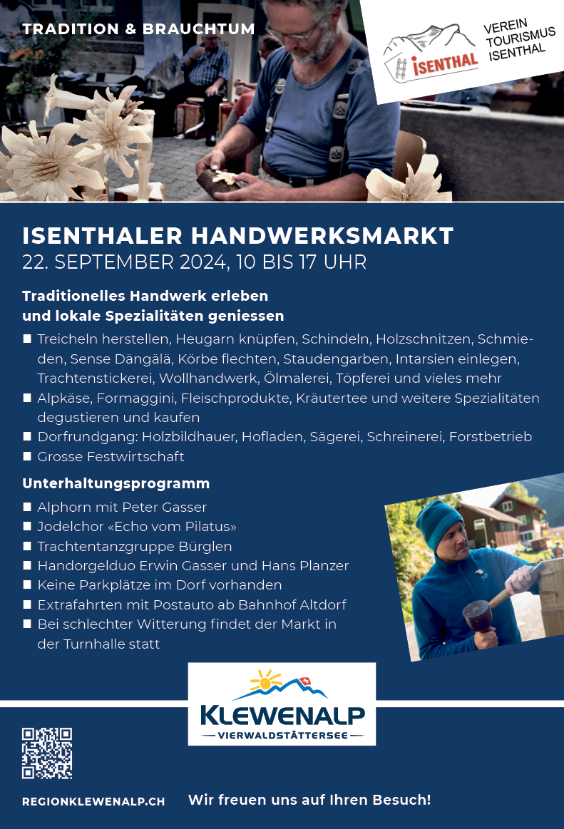 Isenthaler Handwerksmarkt, 10.00 bis 17.00 Uhr, traditionelles Handwerk erleben und lokale Spezialitäten geniessen, www.regionklewenalp.ch