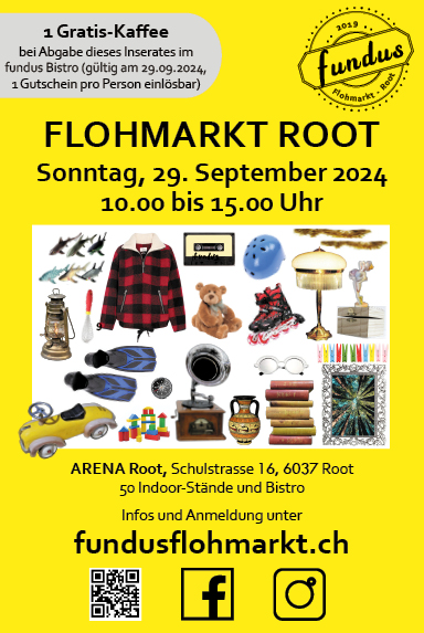 Flohmarkt, Arena, Schulstrasse 16, 10.00 bis 15.00 Uhr, 50 Indoor-Stände & Bistro, www.fundusflohmarkt.ch