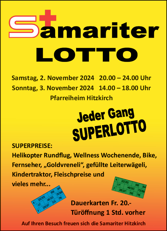 Samariter Lotto, Samariterverein Hitzkirch, Pfarreiheim, 20.00 bis 24.00 Uhr, Türöffnung 1 Std. vorher