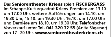 Seniorentheater Kriens spielt "Fischergass", Schappe-Kulturquadrat, 17.00 Uhr, www.seniorentheaterkriens.ch