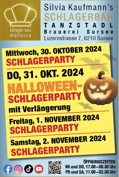 Halloween-Schlagerparty in Silvia Kaufmann's Schlagerbar, Brauerei Sursee, Luzernstrasse 7, ab 17.00 Uhr 