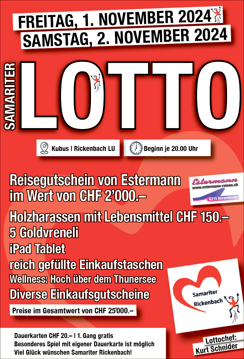 Samariter Lotto, Samariterverein Rickenbach, Kubus, 20.00 Uhr