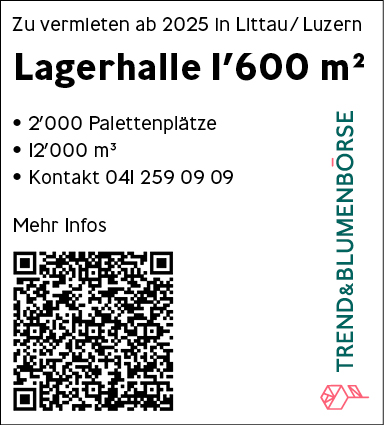 Zu vermleten ab 2025 In Llttau/ Luzern
Lagerhalle 1'600 m2
• 2000 Palettenplätze
• 12000
• Kontakt 041 259 09 09
Mehr Infos