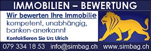 IMMOBILIEN - BEWERTUNG
Wir bewerten Ihre Immobilie
kompetent, unabhängig,
banken-anerkannt
Kontakti*en Sie Urs Ulrich
079 334 18 53 info@simbag ch www_simbag.ch